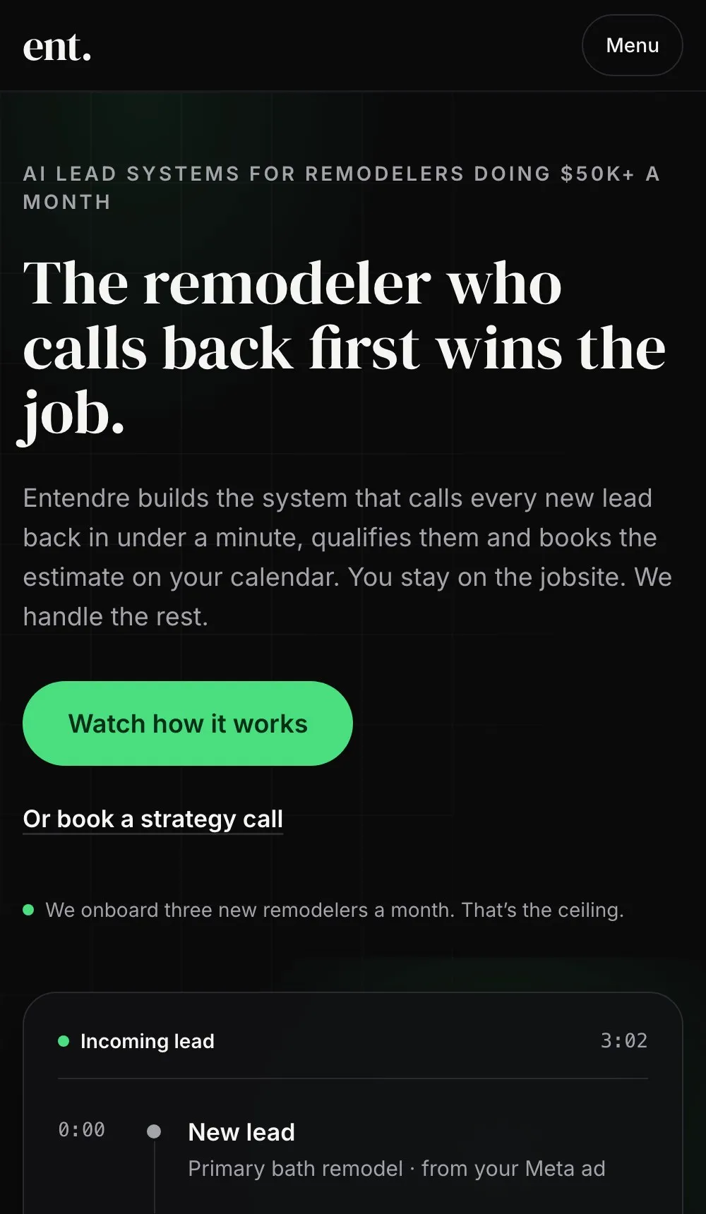 The same Entendre Marketing homepage on a phone.