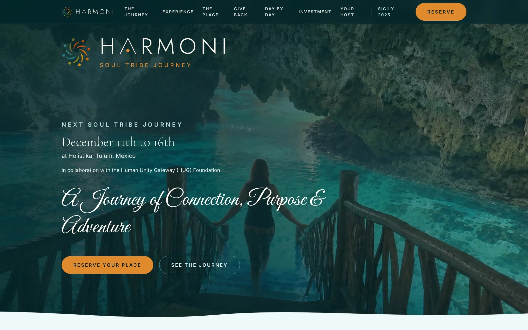 The Harmoni Journeys homepage on a desktop screen: a full-width retreat hero with the booking button.